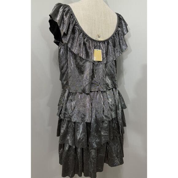 NEW Michael Kors Mini Dress Tiered Ruffle Metallic Silver Holiday Party S Small - Picture 2 of 3